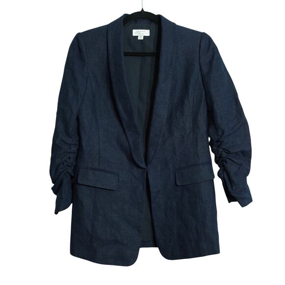 Tahari Womens 100% Linen Shawl Lapel Blazer Jacket Ruched Sleeve Navy Size 4P - Picture 1 of 9